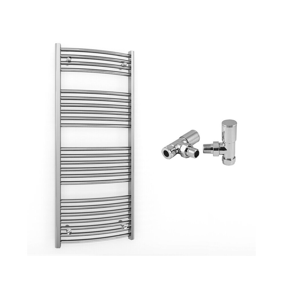(400 X 1200 Mm (Btu: 1207), With Angled Valves) 400Mm Wide Chrome Curved Towel Rail Radiator With Valves 5056616521038