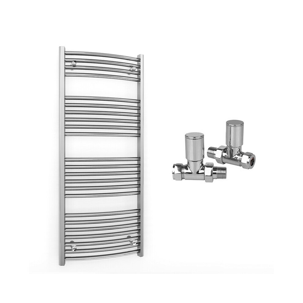 (600 X 1200 Mm (Btu: 1528), With Straight Valves) 600Mm Wide Chrome Curved Towel Rail Radiator With Valves 5056616521717
