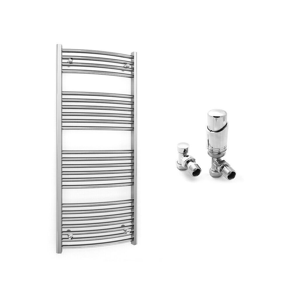 (550 X 1200 Mm (Btu: 1448), With Trv Angled Valves) 550Mm Wide Chrome Curved Towel Rail Radiator With Valves 5056616521533