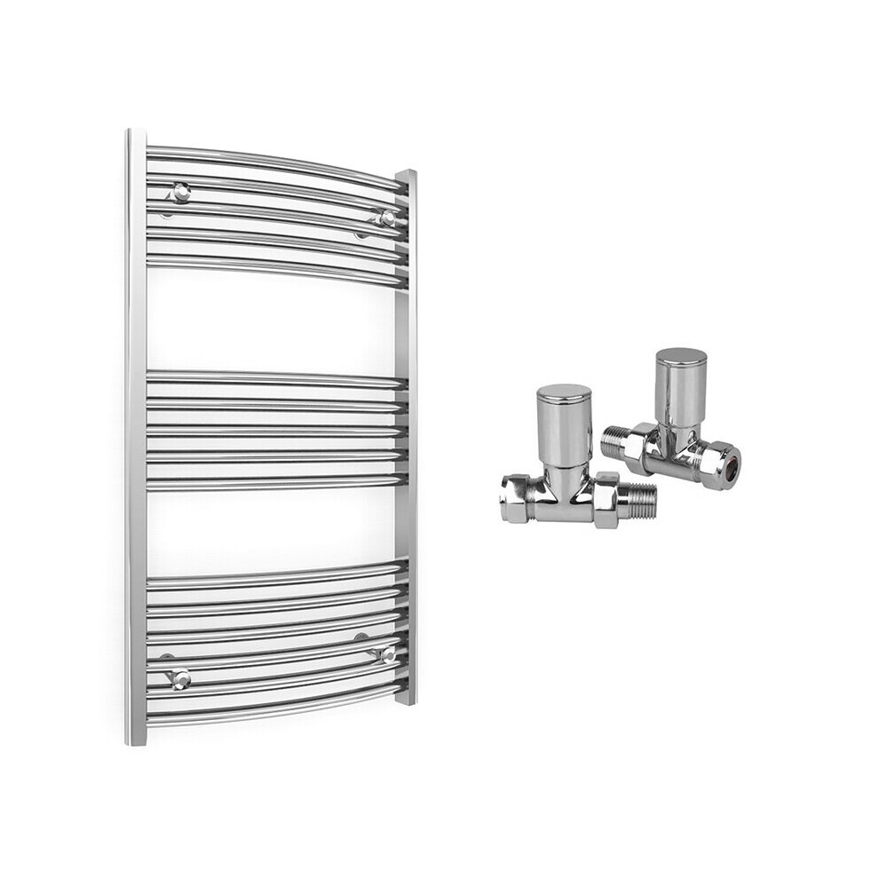 (600 x 900 mm (BTU: 1100), With Straight Valves) 600mm Wide Chrome Curved Towel Rail Radiator With Valves