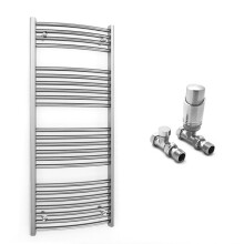 (550 x 1200 mm (BTU: 1448), With TRV Straight Valves) 550mm Wide Chrome Curved Towel Rail Radiator With Valves