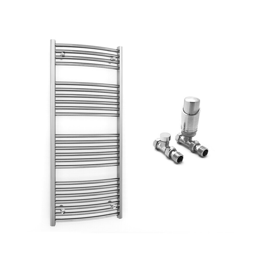 (550 x 1200 mm (BTU: 1448), With TRV Straight Valves) 550mm Wide Chrome Curved Towel Rail Radiator With Valves
