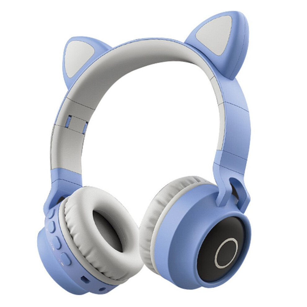 (Blue & Grey) Faddish Student Cute Cat's Ears Head-Mounted Headset No Wire Cartoon BT Game Chargeable