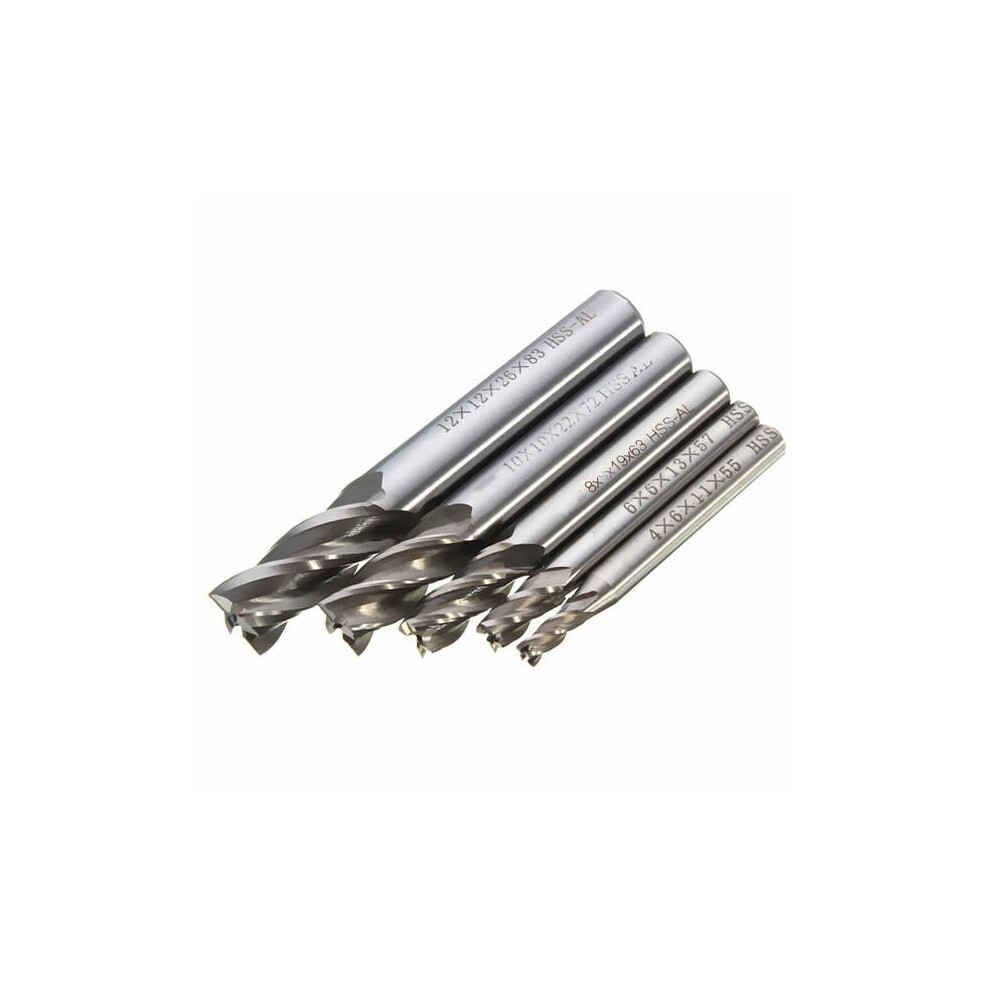 5pcs 4/6/8/10/12mm 4 Flute End Mill Cutter HSS Straight Shank Drill Bits