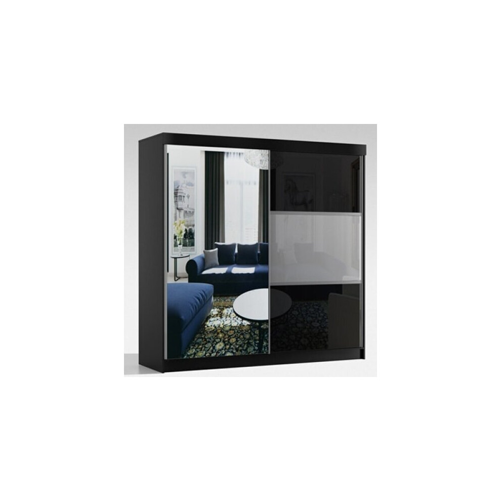 (200cm, Black) High Gloss Sliding Mirror Door Wardrobe |Manhattan