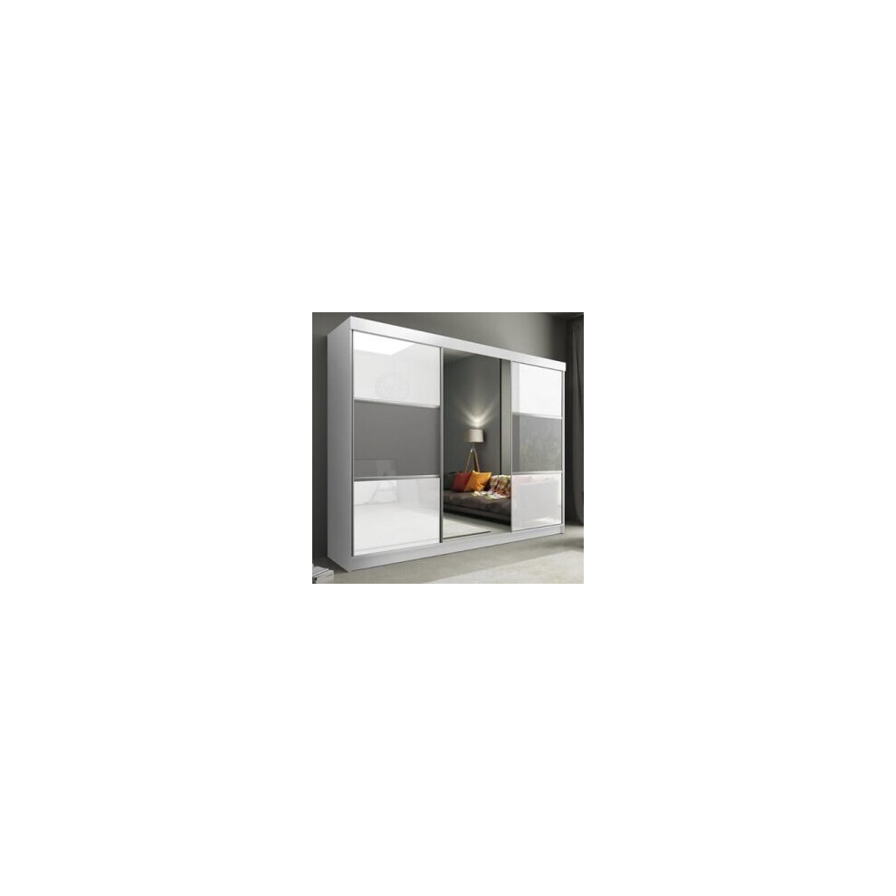 (250cm, White) High Gloss Sliding Mirror Door Wardrobe |Manhattan