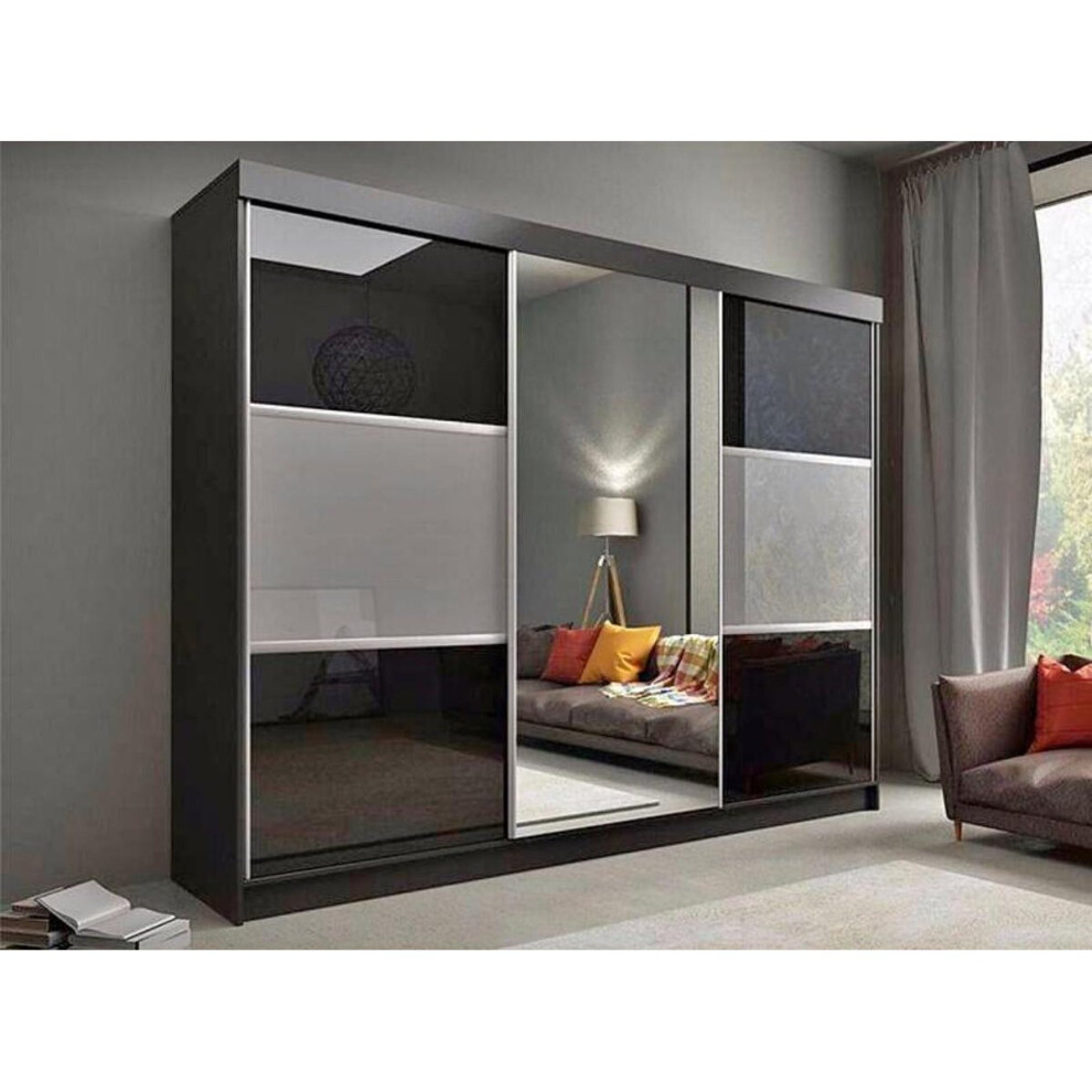 (250cm, Black) High Gloss Sliding Mirror Door Wardrobe |Manhattan