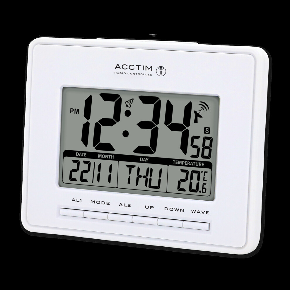 Acctim Infinity Radio Controlled Atomic Timekeeping Lcd Alarm Clock White