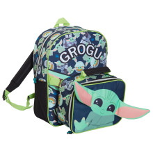 (One Size) Mandalorian Backpack With Lunch Bag Boys Grogu Baby Yoda Matching School Bag Set