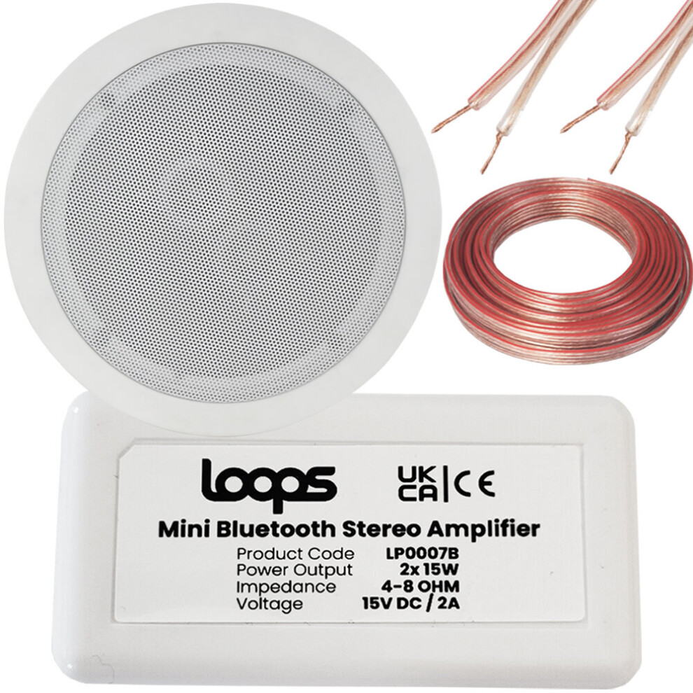 Loops Bluetooth Amplifier & Dual Coil Stereo Ceiling Speaker Kit Compact Home Hifi Amp