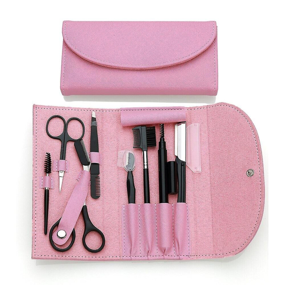 Pink (Pink) 8Pcs Eyebrow Trimmer Kit Brow Scissors Face Tweezers Eyelash Brush Set Makeup Tools