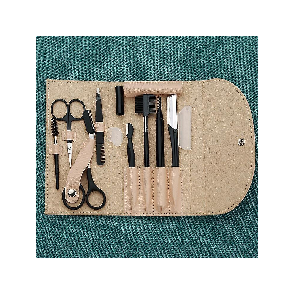Not,Specified (Khaki) 8Pcs Eyebrow Trimmer Kit Brow Scissors Face Tweezers Eyelash Brush Set Makeup Tools