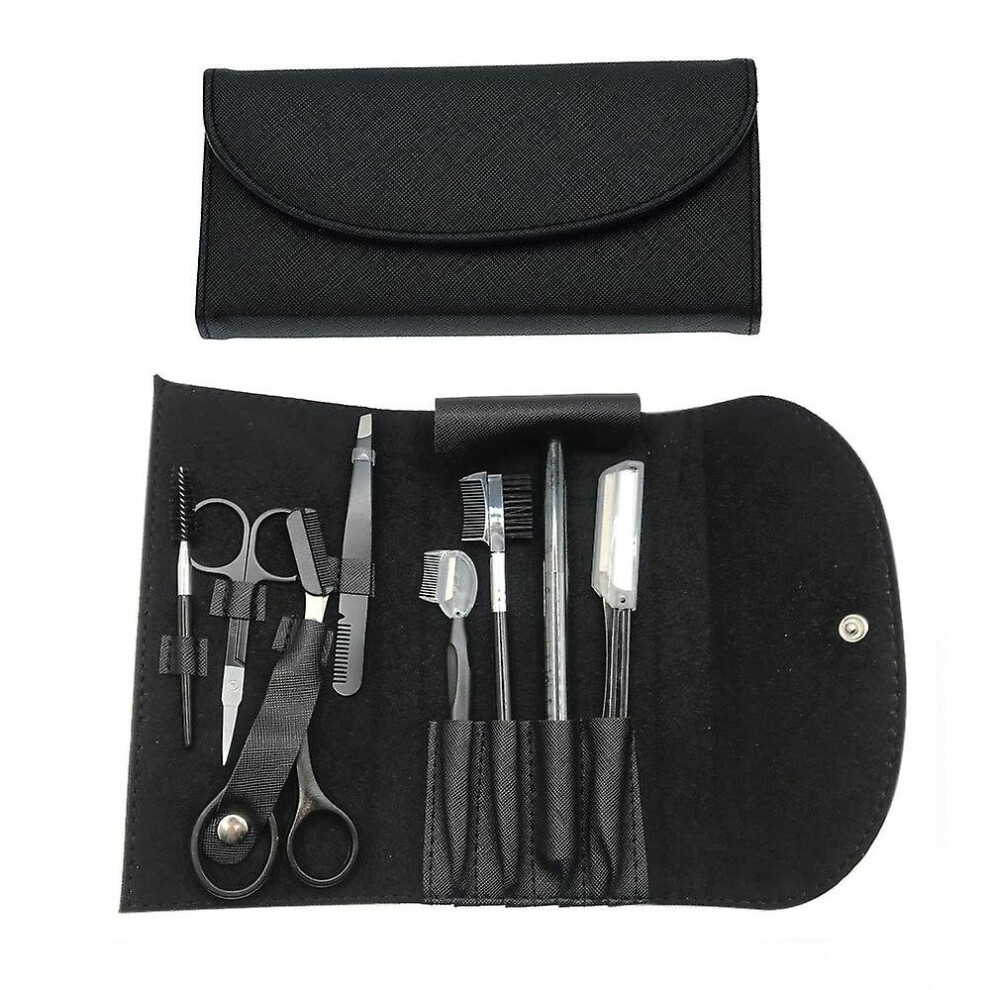 Black (Black) 8Pcs Eyebrow Trimmer Kit Brow Scissors Face Tweezers Eyelash Brush Set Makeup Tools