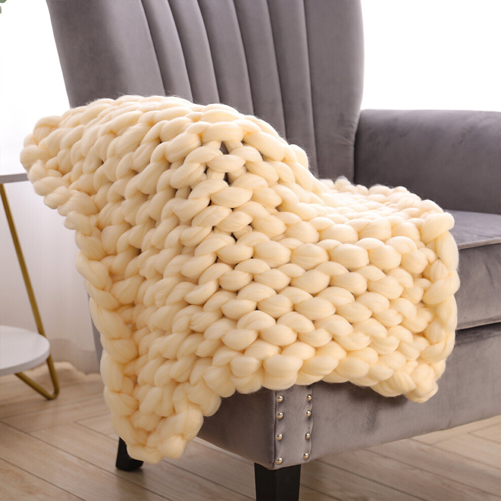 (60x60cm, Beige) Large Soft Chunky Knitted Blanket Thick Yarn Bulky Knit Throw Sofa Bed Blankets