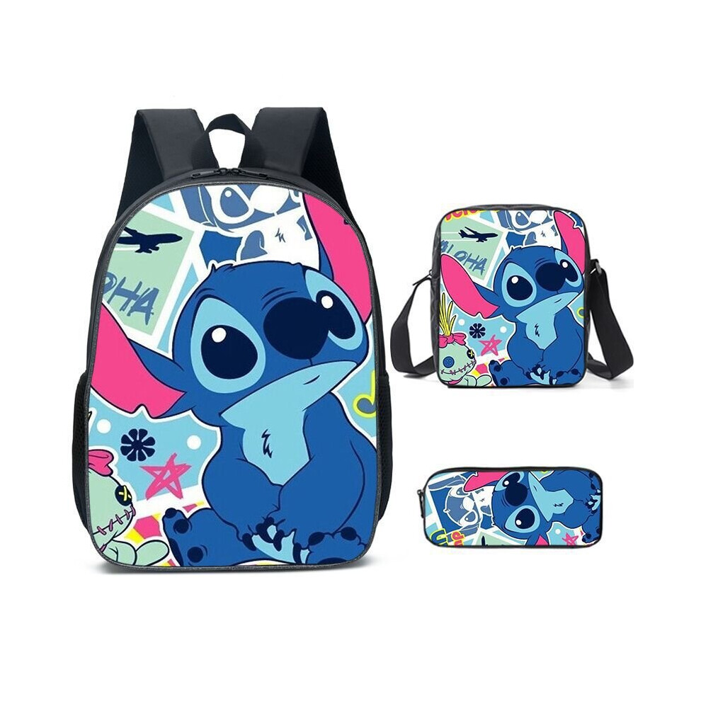 (3) Stitch 3 Piece School Bag Lunch Bag Pencil Case Kids Set