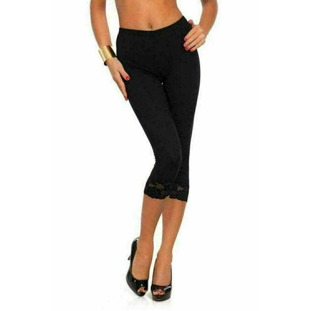 (Black, XL UK 16-18) Womens Ladies Capri Soft 3/4 Cropped Lace Trim Leggings Stretchy Comfy Pants UK