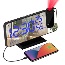 (Black Blue) Projection Alarm Clock Digital Radio Alarm Clock With Mirror Surface Usb Phone Charger