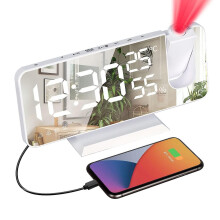 (White) Projection Alarm Clock Digital Radio Alarm Clock With Mirror Surface Usb Phone Charger
