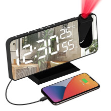 (Black White) Projection Alarm Clock Digital Radio Alarm Clock With Mirror Surface Usb Phone Charger