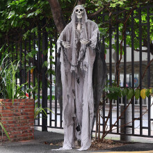 (Light Grey) 170cm Life Size Human Skull Skeleton Halloween Prop Voice Induction light+Chain
