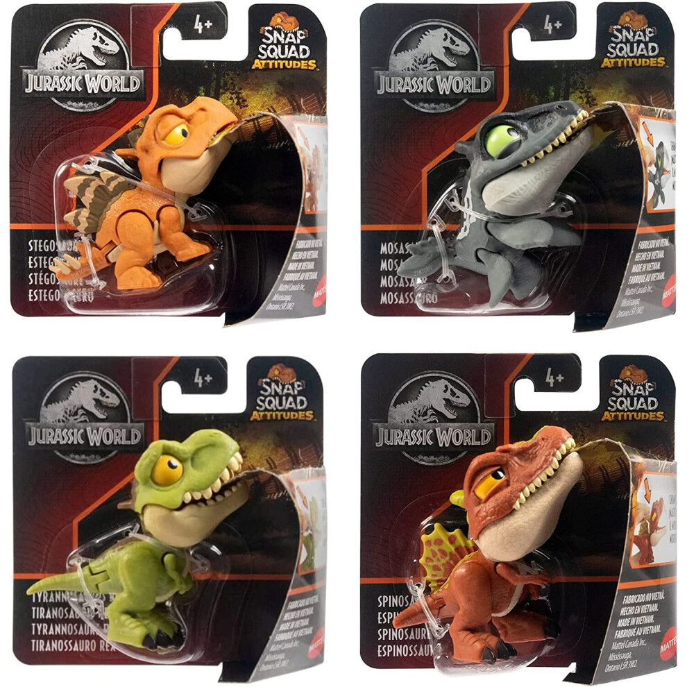 Jurassic World Snap Squad Attitudes Figure Set of 4 - Spinosaurus, Mosasaurus, Tyrannosaurus Rex, Stegosaurus