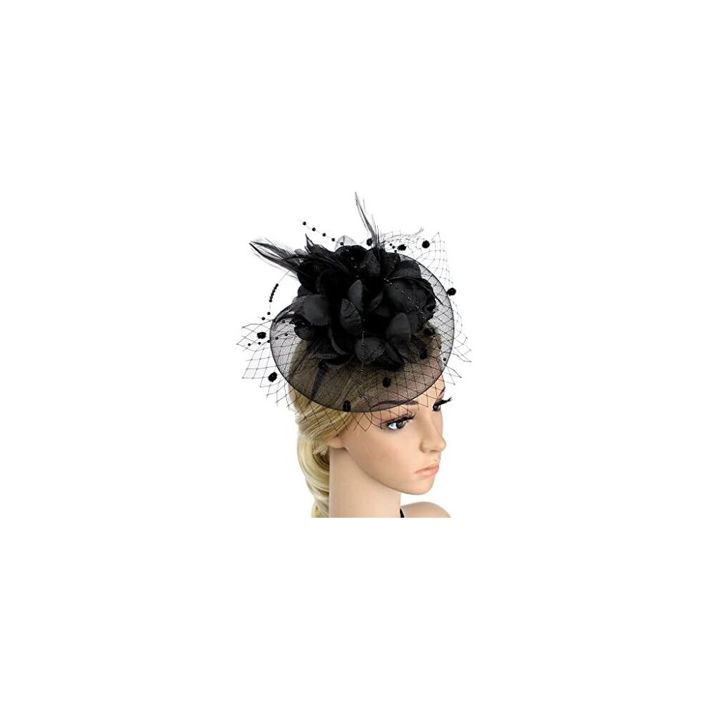 Women Fascinator Veil Hat Flower Feather Mesh Net Veil Bridal Dot Veil Headpiece with Hair Clip and Headband Ladies Wedding Party Costume Headwear