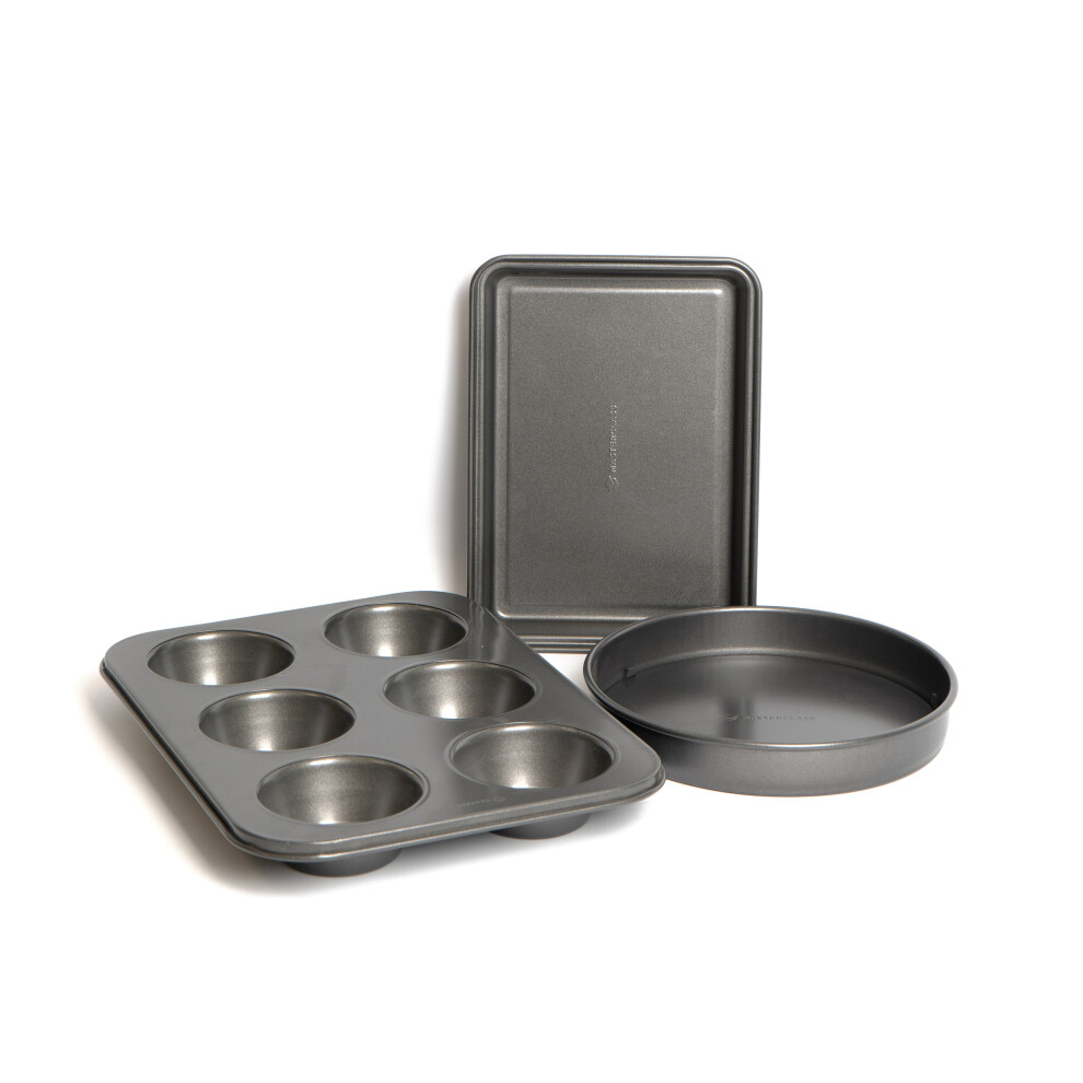 3pc Non-Stick Baking Pan Bundle, Includes Muffin Pan, 23cm Loose Base Sandwich Pan and Brownie Pan