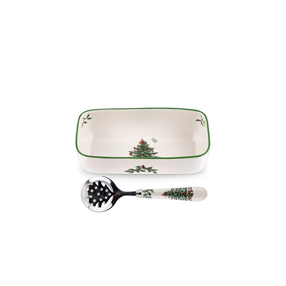 Spode Christmas Tree Design- Cranberry Bowl with Slotted Spoon- White Porcelain