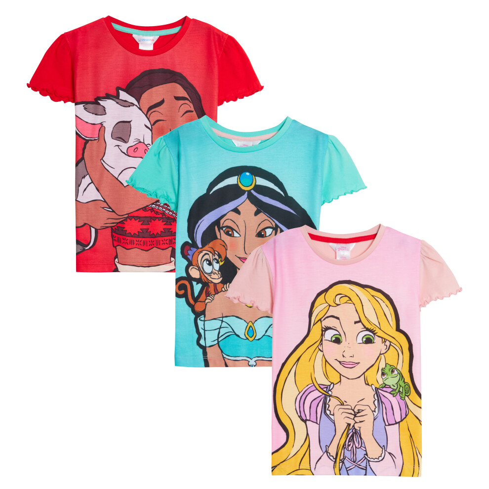 (7-8 Years) Girls 3 Pack Disney Princess T-Shirts Kids Jasmine Moana Rapunzel Dress Up Top