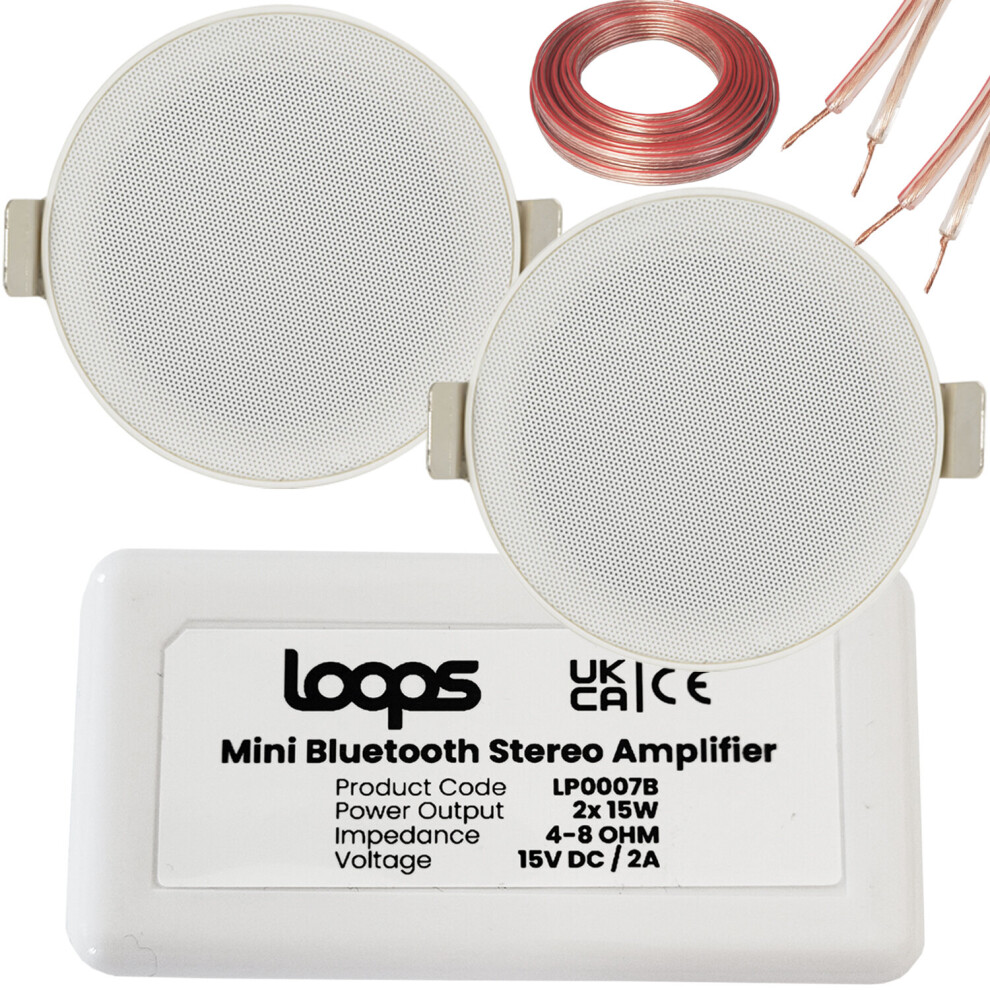 Loops Bluetooth Ceiling Music Kit Mini Amp & 2 Low Profile Speakers Stereo Hifi Sound