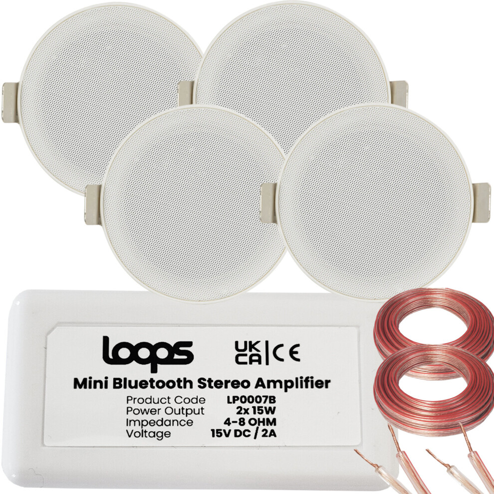 Loops Bluetooth Ceiling Music Kit Mini Amp & 4 Low Profile Speakers Stereo Hifi Sound