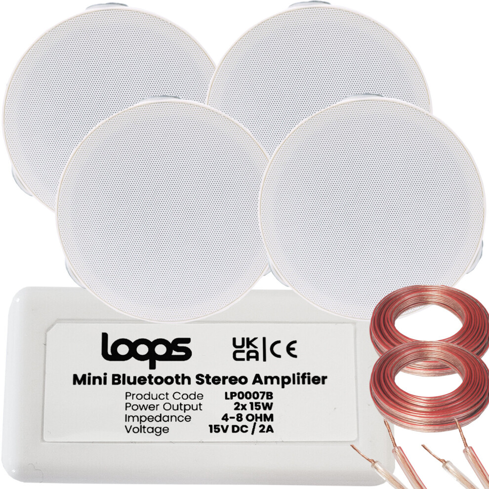 Loops Bluetooth Ceiling Music Kit Mini Amp & 4 Low Profile Speakers Stereo Hifi Sound