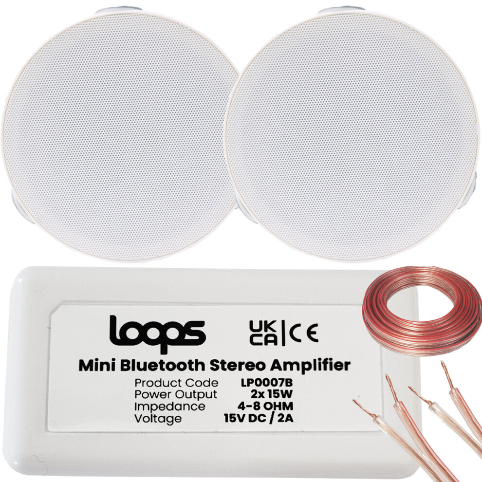 Bluetooth Ceiling Music Kit Mini Amp & 2 Low Profile Speakers Stereo Hifi Sound 5056199819843
