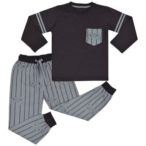 (5-6 Years, Black) Unisex Game Controller Contrast PJS Sleepwear Set