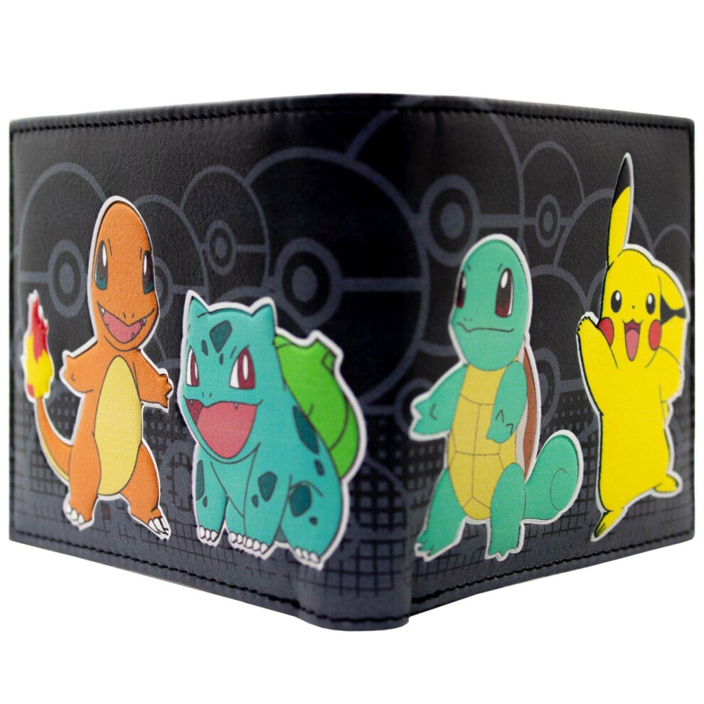 Starters Squirtle and Bulbasaur with Pikachu Black ID and Card Bi-Fold Wallet