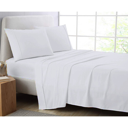 (Single, White) Luxury Poly Cotton Percale Flat Sheet Bed Sheets