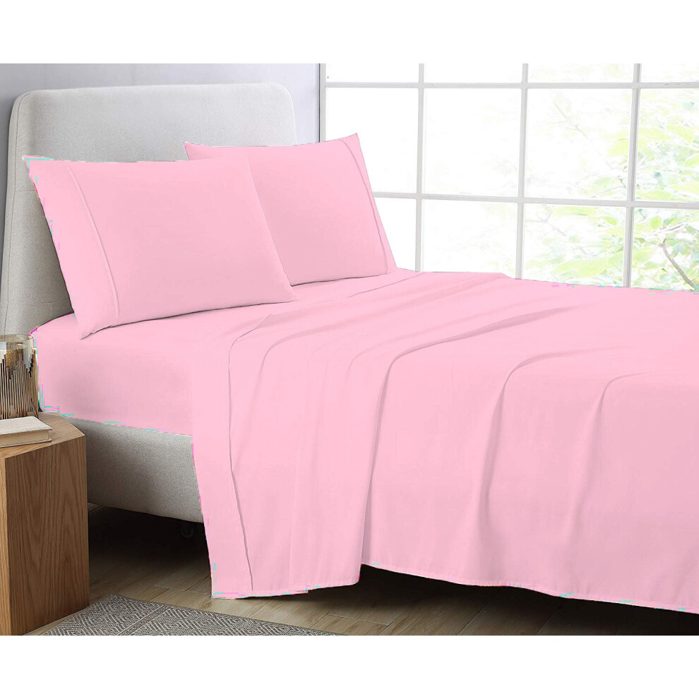(Double, Pink) Luxury Poly Cotton Percale Flat Sheet Bed Sheets