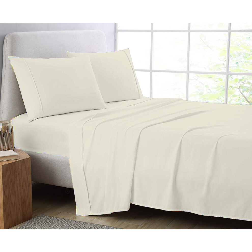 (King, Cream) Luxury Poly Cotton Percale Flat Sheet Bed Sheets