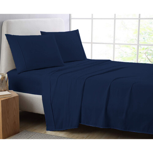 (Pillow Case, Navy) Luxury Poly Cotton Percale Flat Sheet Bed Sheets
