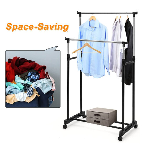 Black Adjustable Double Clothes Rail | Garment Hanging Stand On Wheels 1