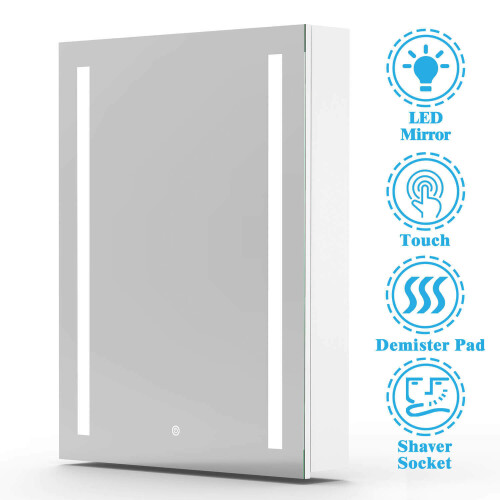 LED Bathroom Mirror Cabinet Storage & Shaver Socket Demister Sensor Wall Mounted 1