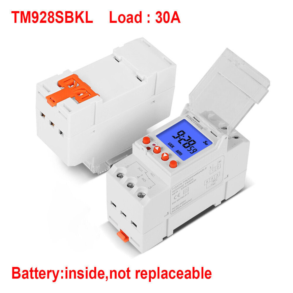 (TM928SBKL) LCD Backlight Display Timer with Lock Function Replaceable Battery Rail Timer Switch 16A 30A