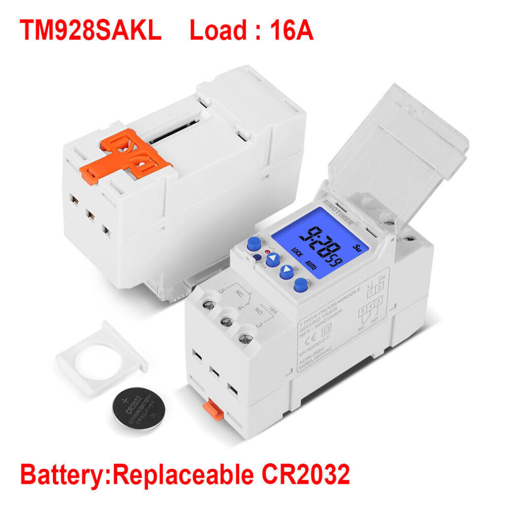 (TM928SAKL) LCD Backlight Display Timer with Lock Function Replaceable Battery Rail Timer Switch 16A 30A