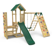 (Bear+) Rebo Wooden Climbing Frame with Vertical Rock Wall, Swing Set and Slide