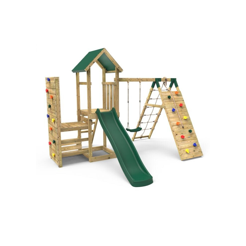 Rebo (Bear+) Wooden Climbing Frame With Vertical Rock Wall, Swing Set And Slide