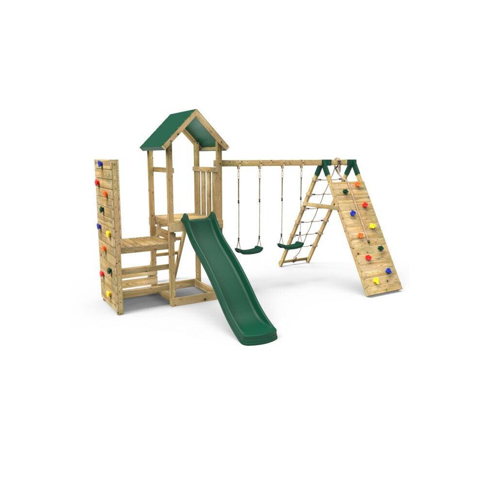 Rebo (Greenhorn+) Wooden Climbing Frame With Vertical Rock Wall, Swing Set And Slide