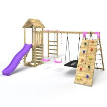 (Pyrennes Pink) Rebo Wooden Climbing Frame with Swings, Slide, Up & over Climbing wall and Monkey Bars