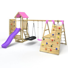 (San Luis+ Pink) Rebo Wooden Climbing Frame with Vertical Rock Wall, Swing Set and Slide