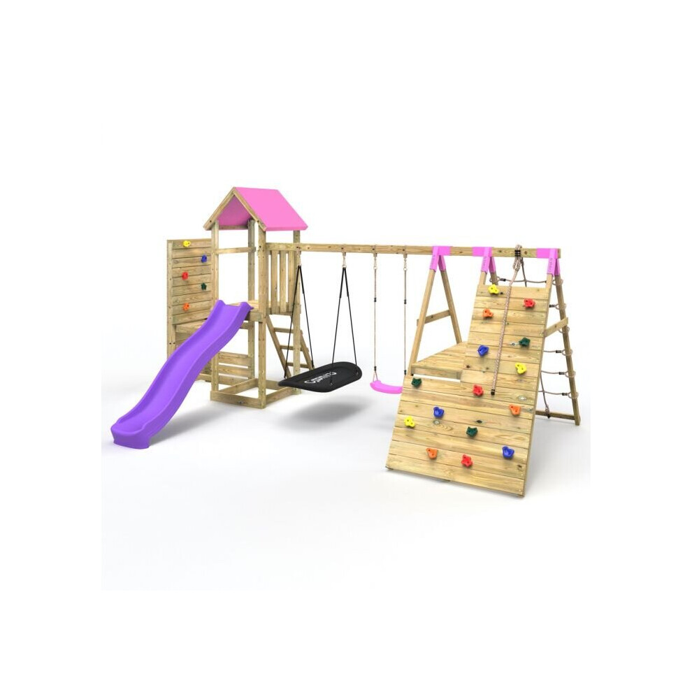 Rebo (San Luis+ Pink) Wooden Climbing Frame With Vertical Rock Wall, Swing Set And Slide