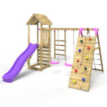 (Dolomite Pink) Rebo Wooden Climbing Frame with Swings, Slide, Up & over Climbing wall and Monkey Bars
